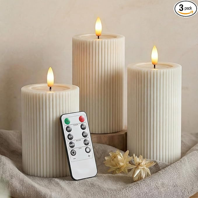 Fluted Ribbed LED Pillar Candles, Cream Beige, with Realistic Reflective Melted-Wax Effect – Fl... | Amazon (US)