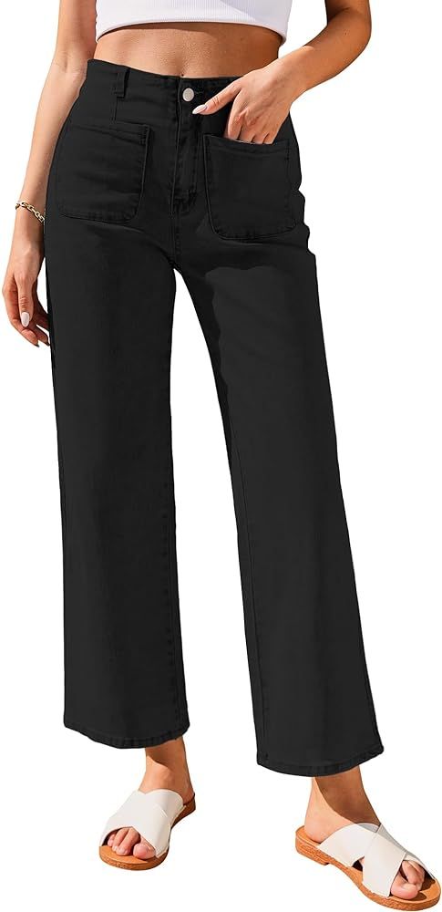 GRAPENT Wide Leg Jeans for Women High Waisted Straight Leg Stretchy Cropped Denim Pants with Pock... | Amazon (US)