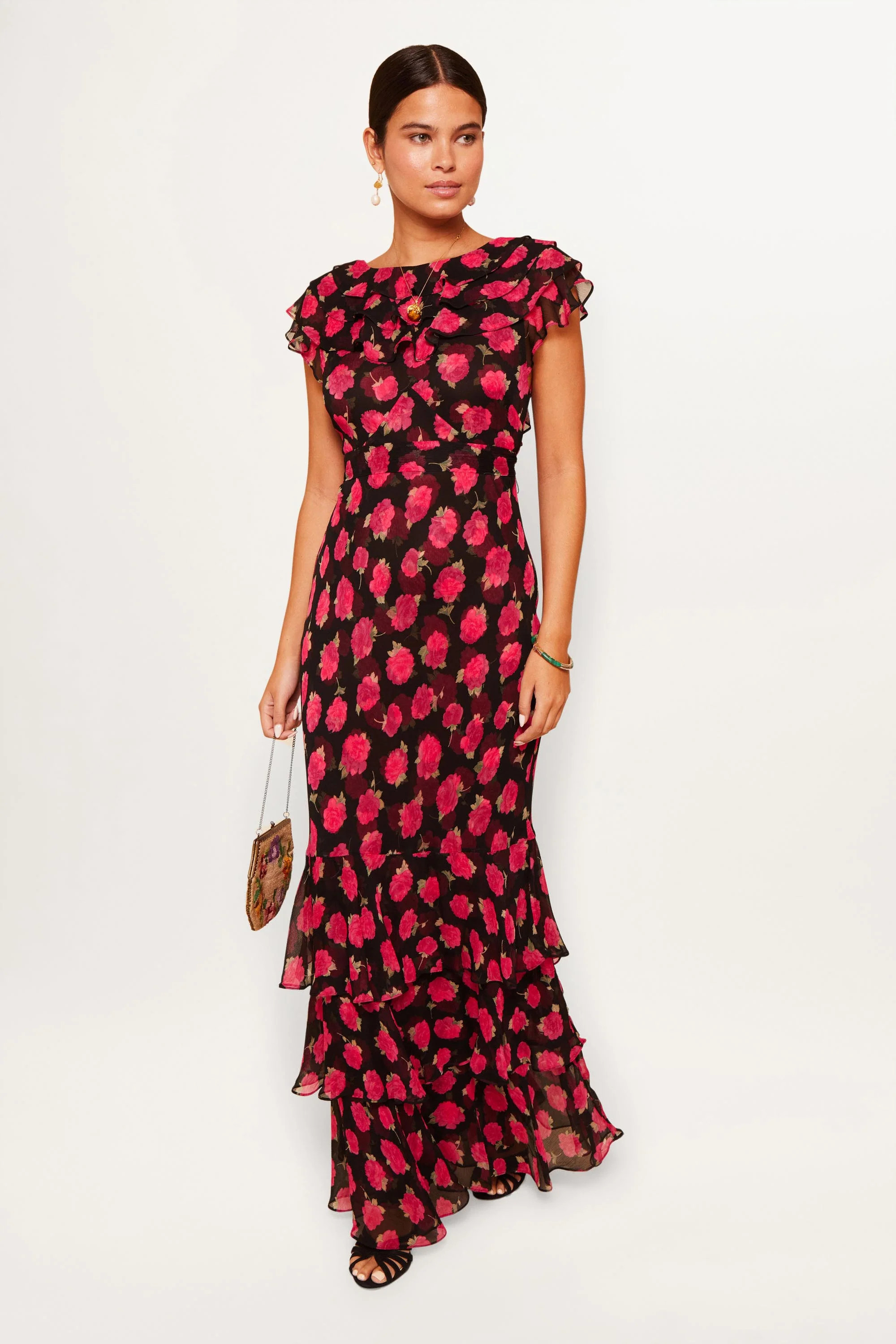 RIXO Rio - Vintage Rose Black Viscose Midi Dress Regular / S/UK10 | Rixo