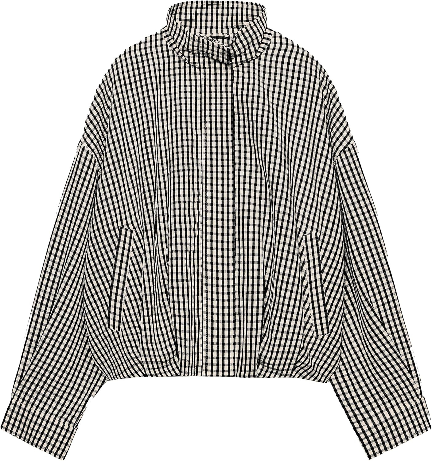 Women's Gingham Jacket Loose Zip Up Stand Collar Cropped Bomber | Amazon (US)