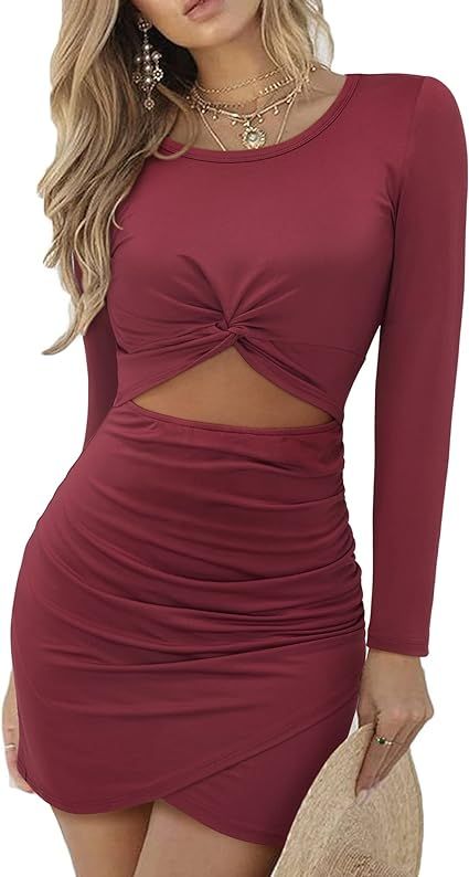 OUGES Women's Long Sleeve Cut Out Hollow Out Twist Bodycon Wrap Party Club Dress | Amazon (US)