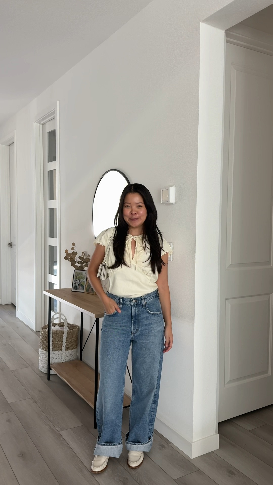 Size S Petite in top
Size 25 Petite in agolde low curve - on sale right now for 20% off! 
Loafers run TTS 


#LTKPetite #LTKSaleAlert #LTKSeasonal