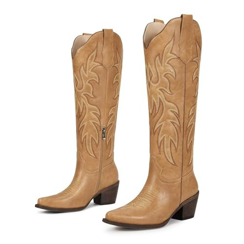 wetkiss Brown Cowboy Boots for Women Knee High Cowgirl Boots with Chunky Low Heel and Pointed Toe, Womens Retro Embroidered Western Boot for Concert Party Festival Event, Brown Tall Boot, Size 8.5 | Amazon (US)