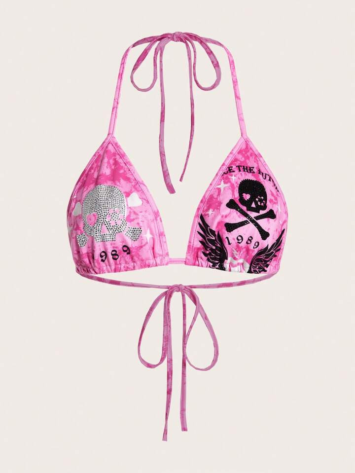 ROMWE PUNK Rhinestone Skull Pattern Tie Dye Tie Backless Crop Halter Top | SHEIN
