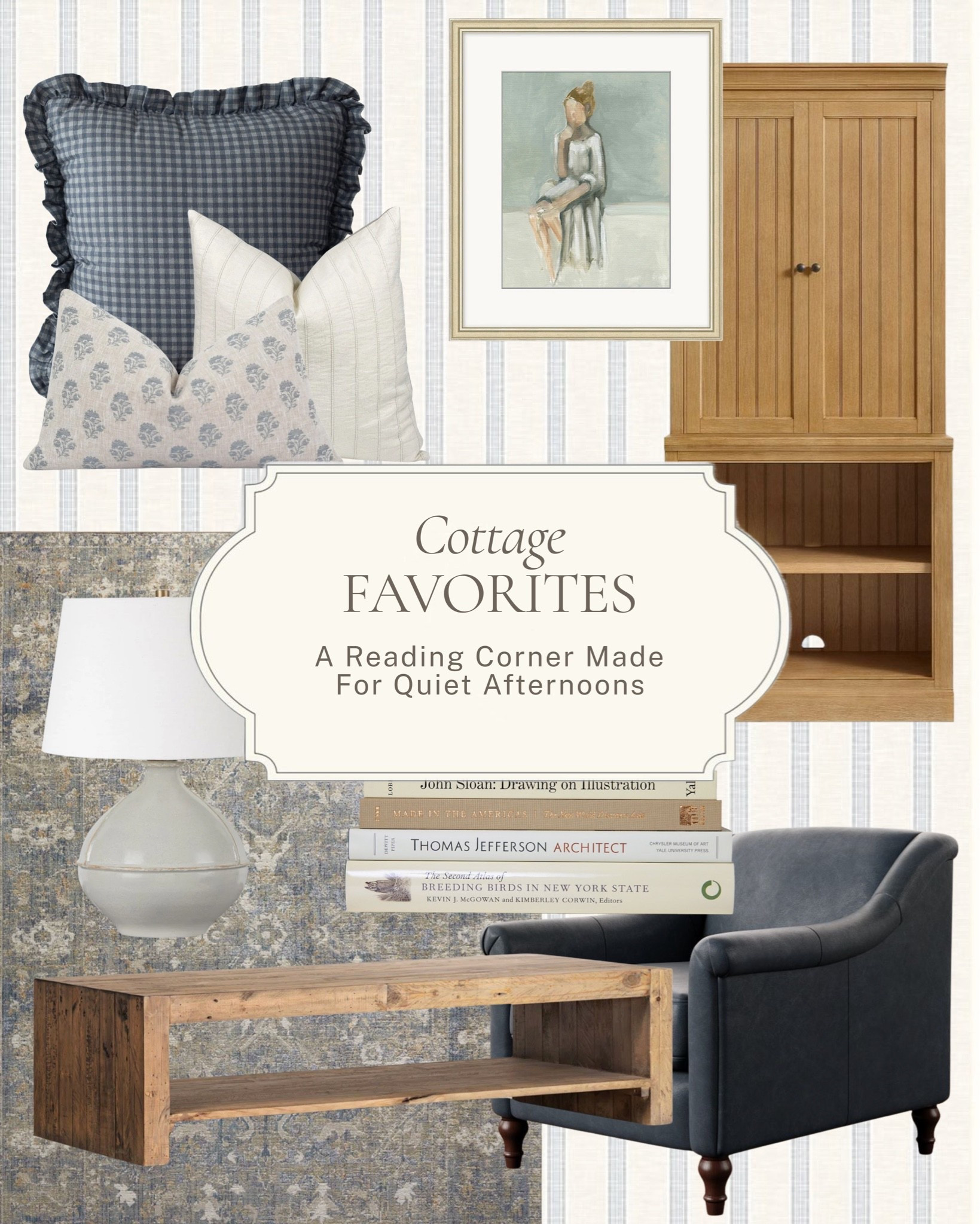 The reading corner you never want to leave ✨ 

A navy tufted chair, a reclaimed wood bench stacked with books, a classic white lamp, a ruffle gingham pillow, a vintage-inspired rug, and a warm wood cabinet that makes the whole corner feel like it was always meant to be there. 

All linked here 🤍 

#LTKhome