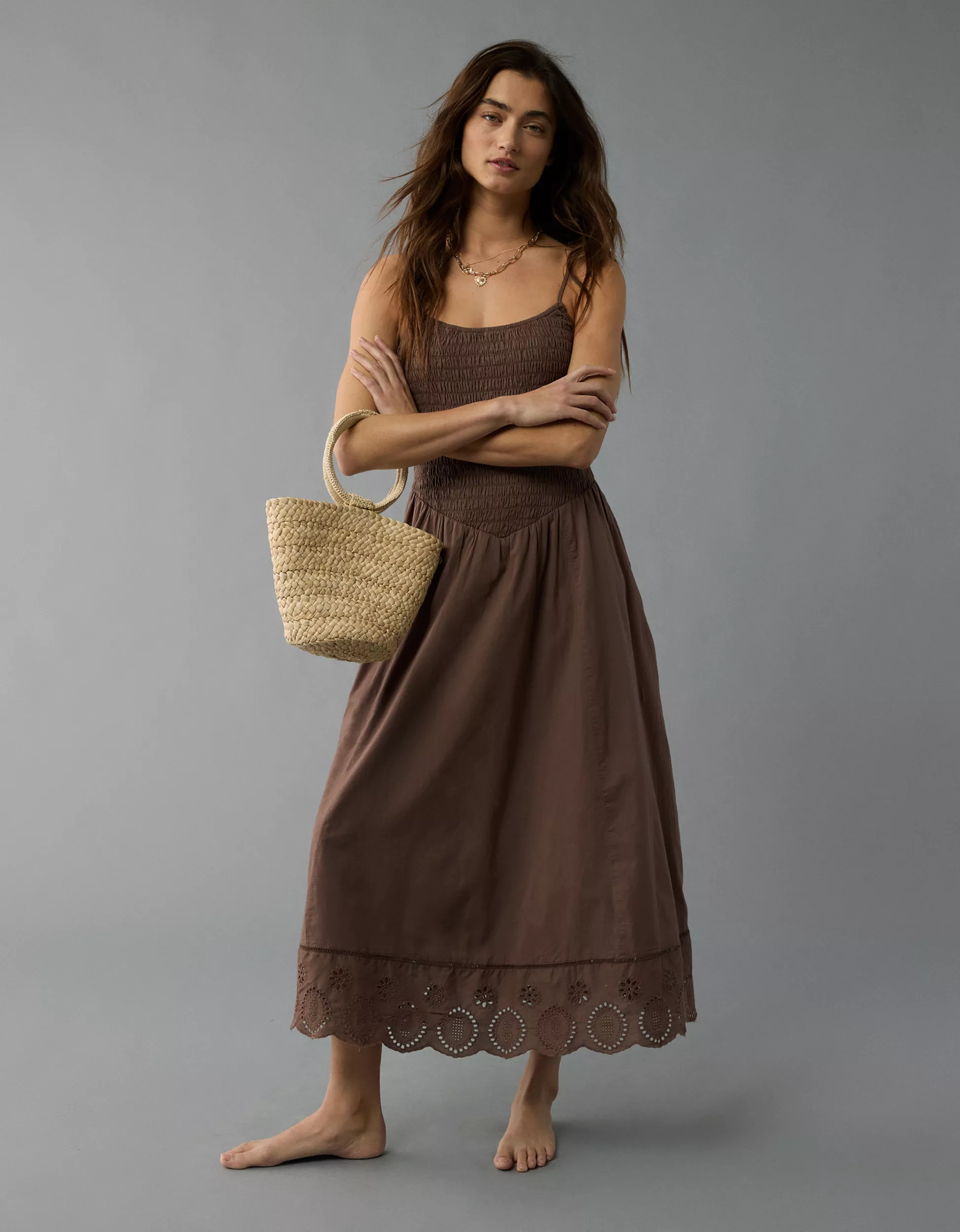 AE Bella Smocked Drop Waist Midi Dress | American Eagle Outfitters (US & CA)