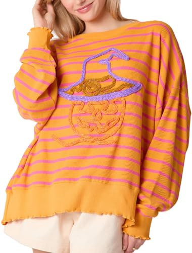 Womens Halloween Pumpkin Sweaters Spooky Season Ghost Crewneck Sweatshirts Cute Oversized Long Sleeve Pullover Tops Orange | Amazon (US)