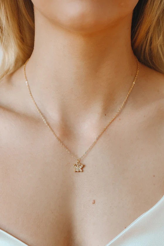 Fly Away With Me Gold Rhinestone Butterfly Necklace | Lulus (US)