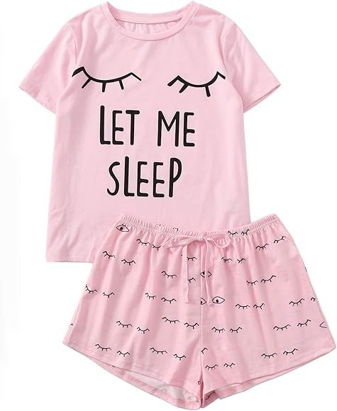 Women's Sleepwear Closed Eyes Print Tee and Shorts Pajama Set | Amazon (US)