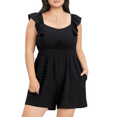 Women's Plus Size Swiss Dot Rompers Summer Sleeveless Short Jumpsuits with Pockets New Black XL | Target