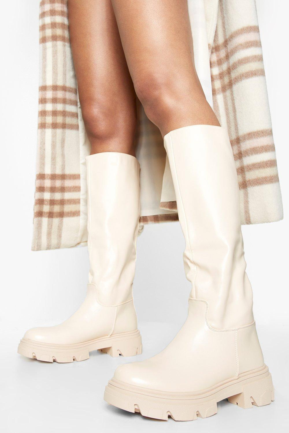 Womens Cleated Sole Pull On Knee High Boots - White - 6 | Boohoo.com (US & CA)