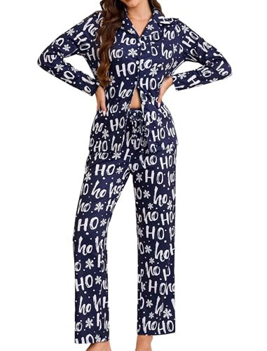 difficort Christmas Pajamas for Women Long Sleeve Pj Set Sleepwear Straight Pant with Pockets,Navy with Letters,Small | Amazon (US)