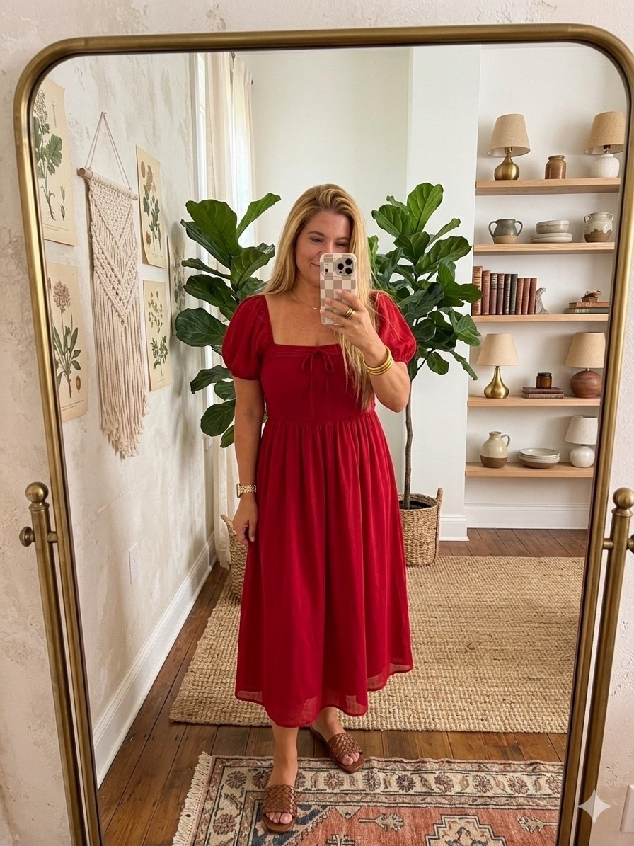 Lady in red 🌹
This puff-sleeve midi dress is a total dream! It’s the ultimate piece for weekend brunches, date nights, or just romanticizing your everyday routine. Wearing a size M and it fits true to size. Paired it with these woven brown slides that go with literally everything.

XOXO,
Ana Randall♥️

#LTKsummer #LTKstyletip
