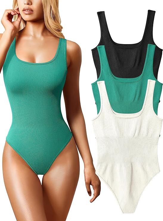 OQQ Women's 3 Piece Bodysuits Sexy Ribbed Sleeveless Square Neck Sleeveless Tank Tops Bodysuits | Amazon (US)