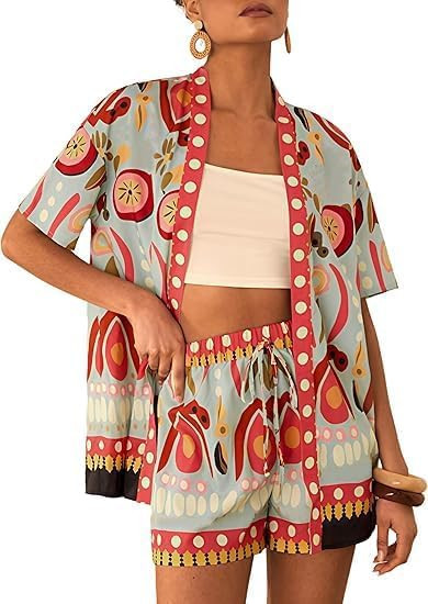 Women Boho Tropical Print Beach Cover Up Shorts Set 2 Piece Summer Lounge Outfit Lightweight Swim... | Amazon (US)