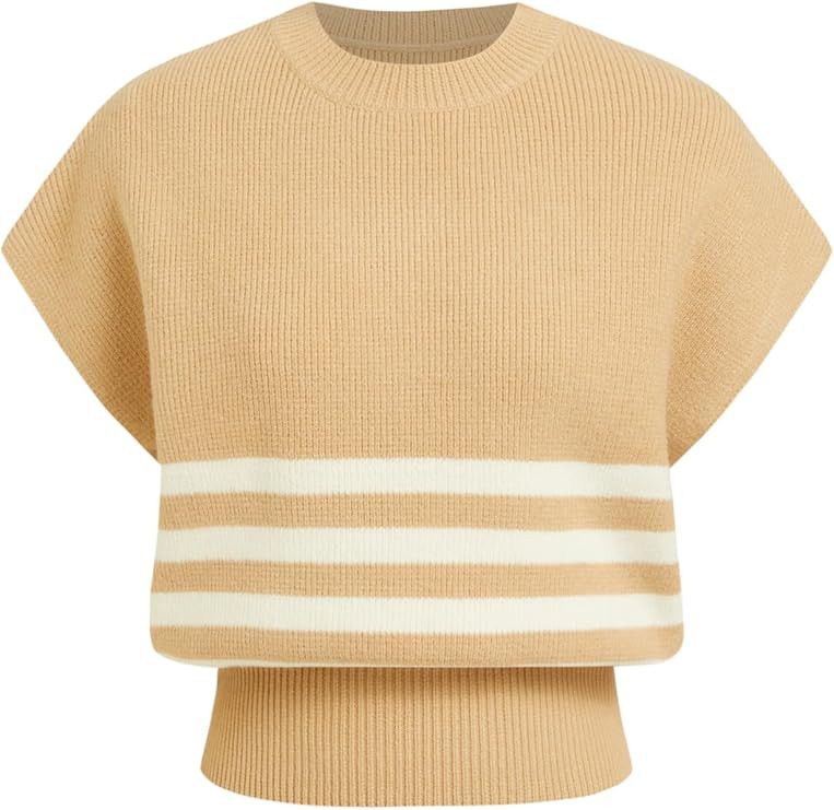 CIDER Womens Sweater Vest Crop Striped Crew Neck Cap Sleeve Tank Tops | Amazon (US)