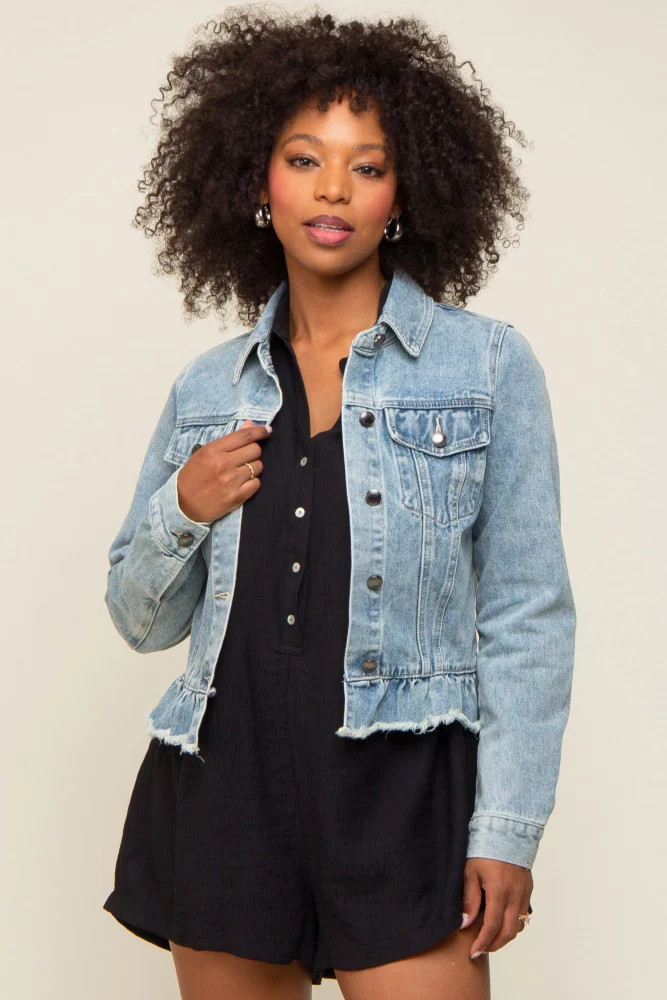 Light Blue Denim Ruffle Trim Jacket | PinkBlush Maternity