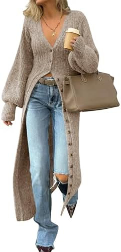 Saodimallsu Womens Long Cardigans V Neck Button Down Chunky Knit Dusters Sweater Coat Fall Trendy... | Amazon (US)