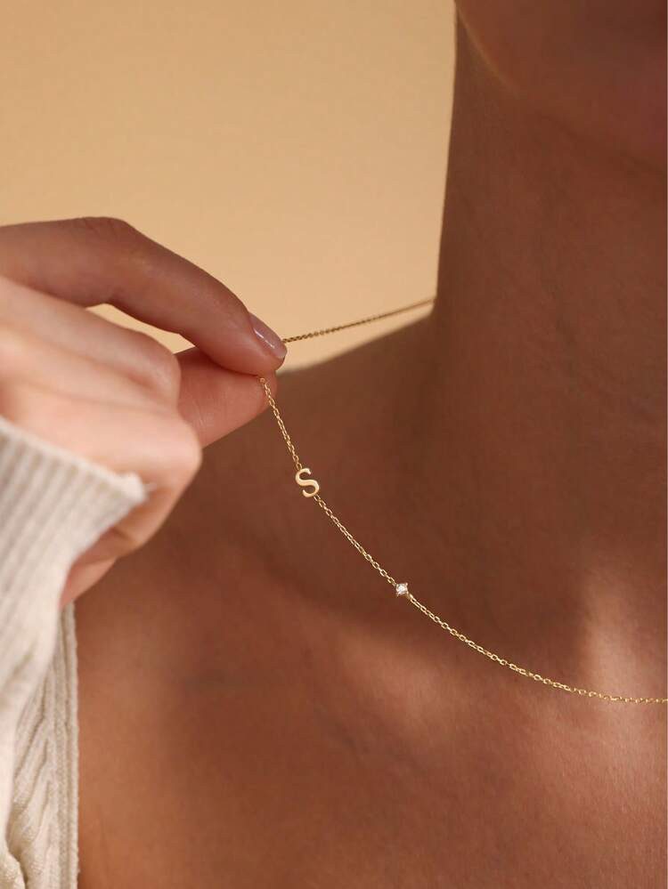 Initial Necklaces For Women,14K Gold Plated CZ Sideways Letter Necklace Dainty Small Cute Gold Initial Necklace Personalized Custom Name Choker Necklaces For Women Non Tarnish Jewelry Aesthetic Stuff | SHEIN