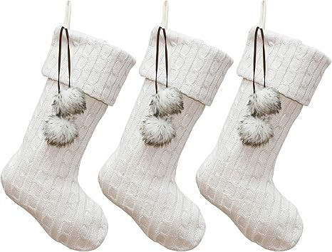 New Traditions Simplify Your Holiday 3-Pack Christmas Cable Knit Stockings with Pom Poms (Ivory/I... | Amazon (US)