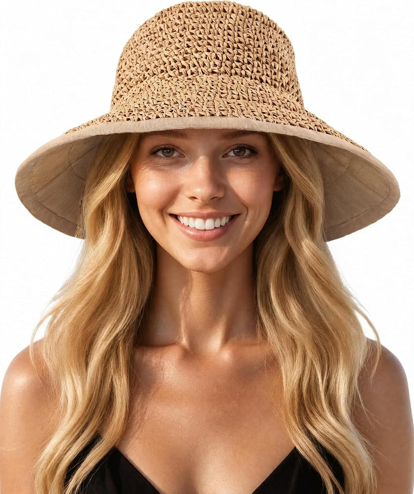 Senker Fashion Sun Hats for Women UV Protection Handmade Wide Brim Packable Straw Bucket Hat for ... | Amazon (US)
