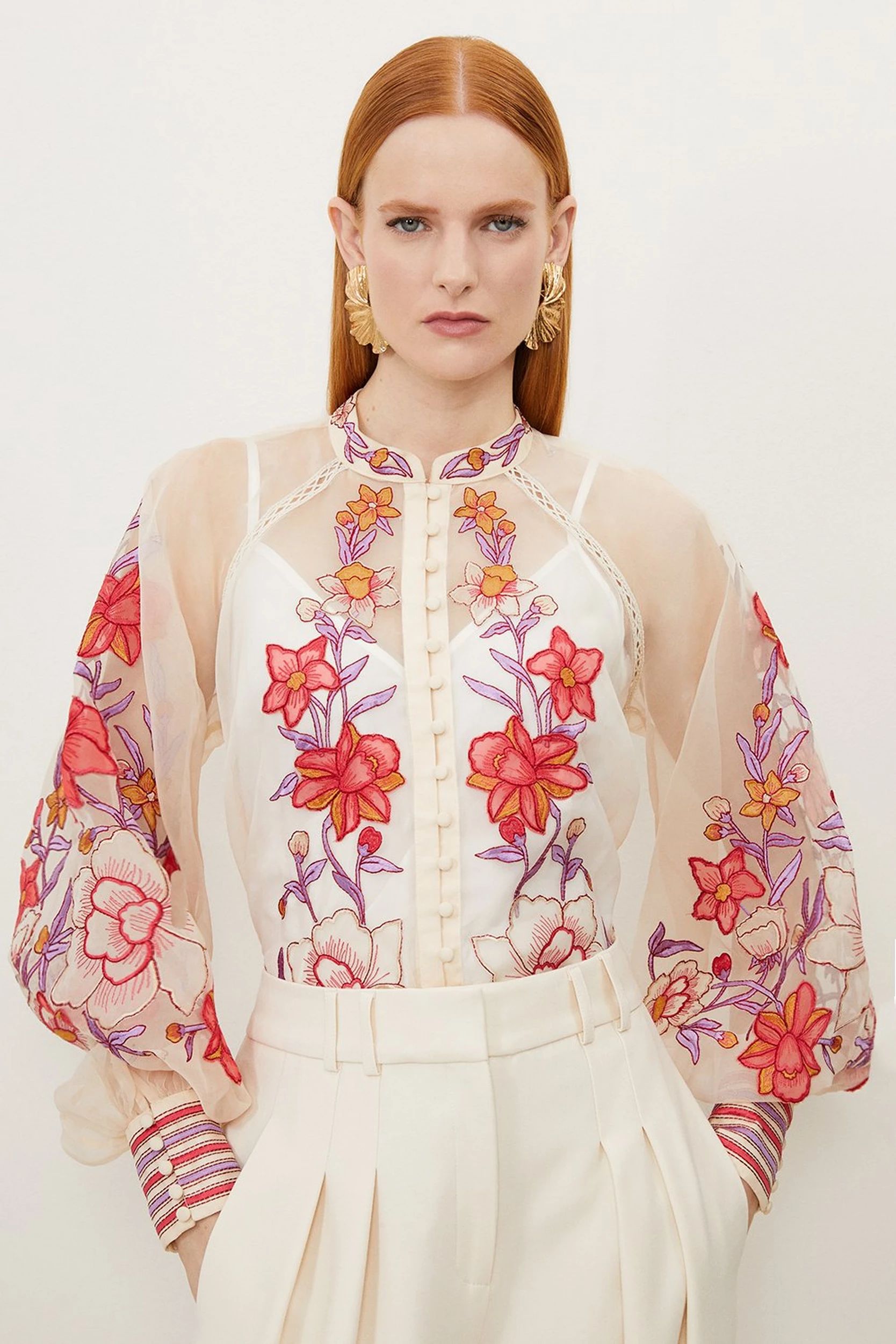 Floral Placed Embroidery Organdie Woven Blouse | Karen Millen UK + IE + DE + NL