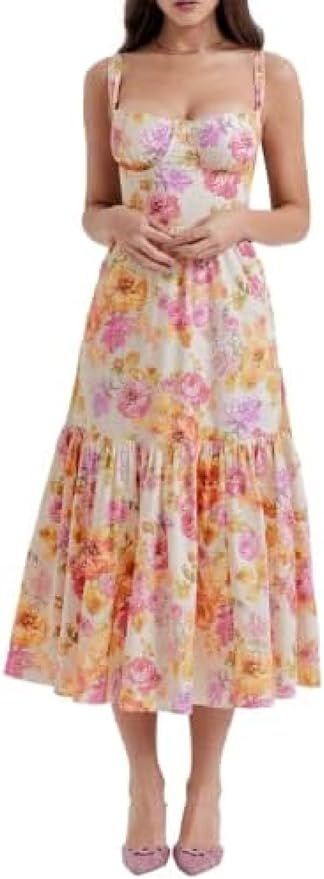 Women Square Collar Bustier Long Dress Boho Floral Sleeveless Slit A Line Corset Maxi Dress Low C... | Amazon (US)