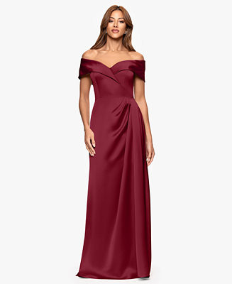 XSCAPE Women's Off-The-Shoulder Short Sleeve Satin Long Dress - Macy's | Macy's