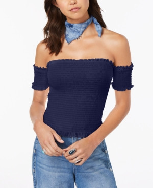 Almost Famous Juniors' Smocked Off-The-Shoulder Crop Top | Macys (US)