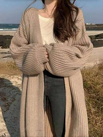 Solid Open Front Loose Knit Cardigan, Casual Long Sleeve Long Length Sweater With Pocket, Women's Clothing,Long Sleeve Tops | SHEIN