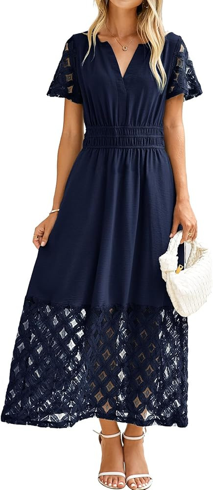 Simplee Womens Summer Maxi Dress 2026 V Neck Empire Waist Long Flowy Boho Dresses with Pockets | Amazon (US)