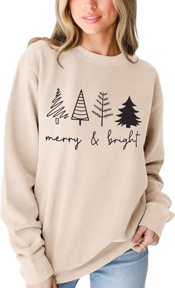 CM C&M WODRO Women Christmas Sweatshirt Merry and Bright Xmas Tree Graphic Shirt Crewneck Long Sl... | Amazon (US)