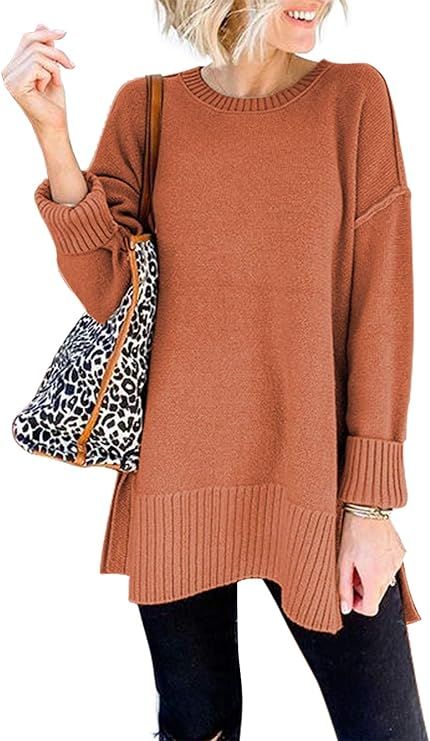 MEROKEETY Women's Casual Crew Neck Side Split Pullover Sweater Loose Long Sleeve Jumper Top | Amazon (US)