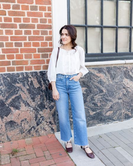 Monthly outfit planner: MAY: Spring looks | wide leg jean, white blouse, sling bag, ballet flat 

See the entire calendar on thesarahstories.com ✨ 