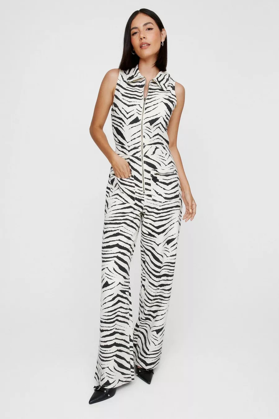 Denim Zebra Print Racer Neck Jumpsuit | Nasty Gal US