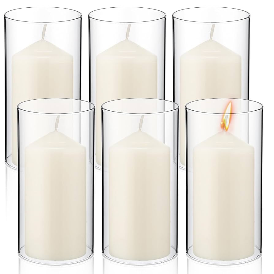 Yaomiao 6 Set Hurricane Candle Holder Sleeve with Unscented Pillar Candles Clear Glass Cylinder C... | Amazon (US)