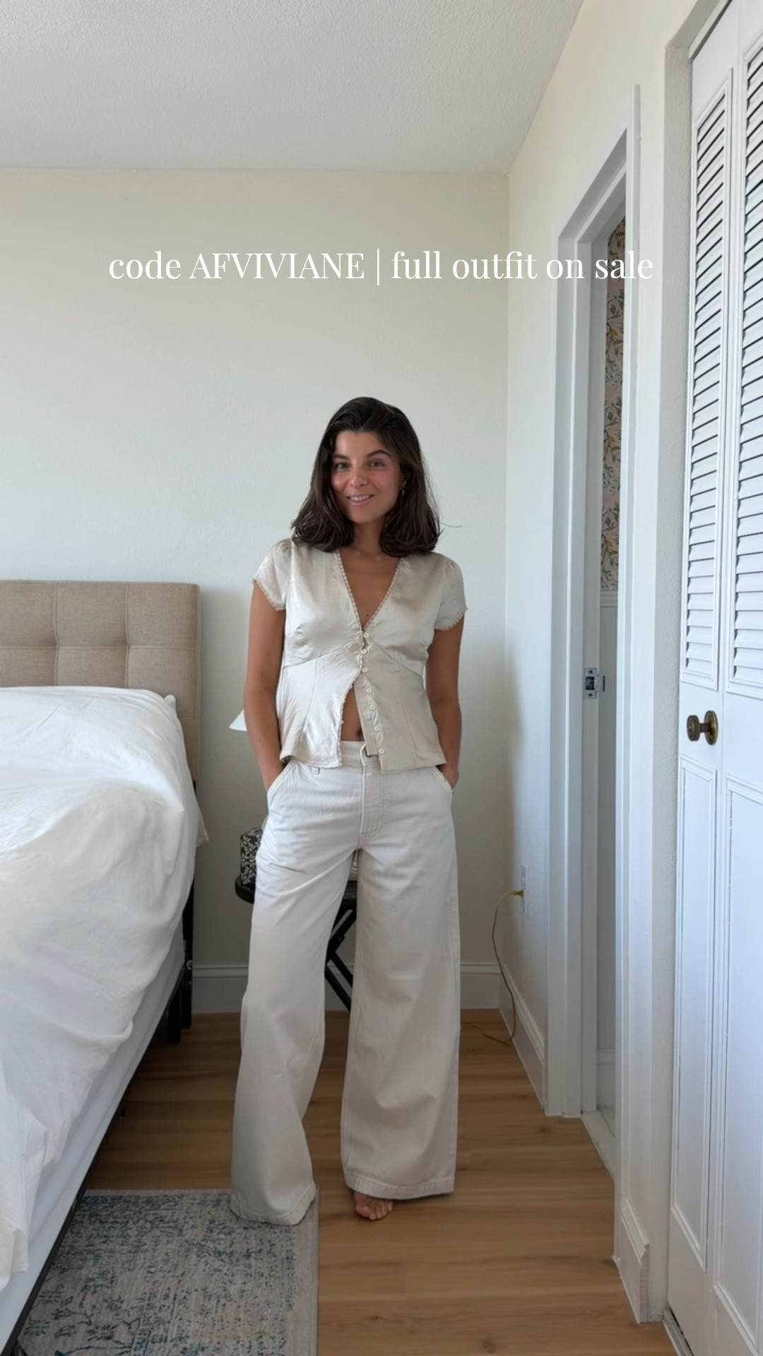 [3/26/26] code AFVIVIANE for 15% off | pairing the Slim Satin Short-Sleeve Blouse in size XS with the High Rise Wide Leg Trousers. I am wearing a size 26 regular in the trousers, but could’ve sized up to 27. Currently 16 weeks pregnant and 5’2” for reference! 

#LTKSaleAlert #LTKSeasonal #LTKPetite