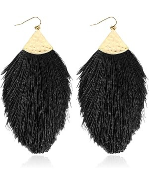 Bohemian Silky Thread Fan Fringe Tassel Statement Earrings - Lightweight Strand Feather Shape Dan... | Amazon (US)