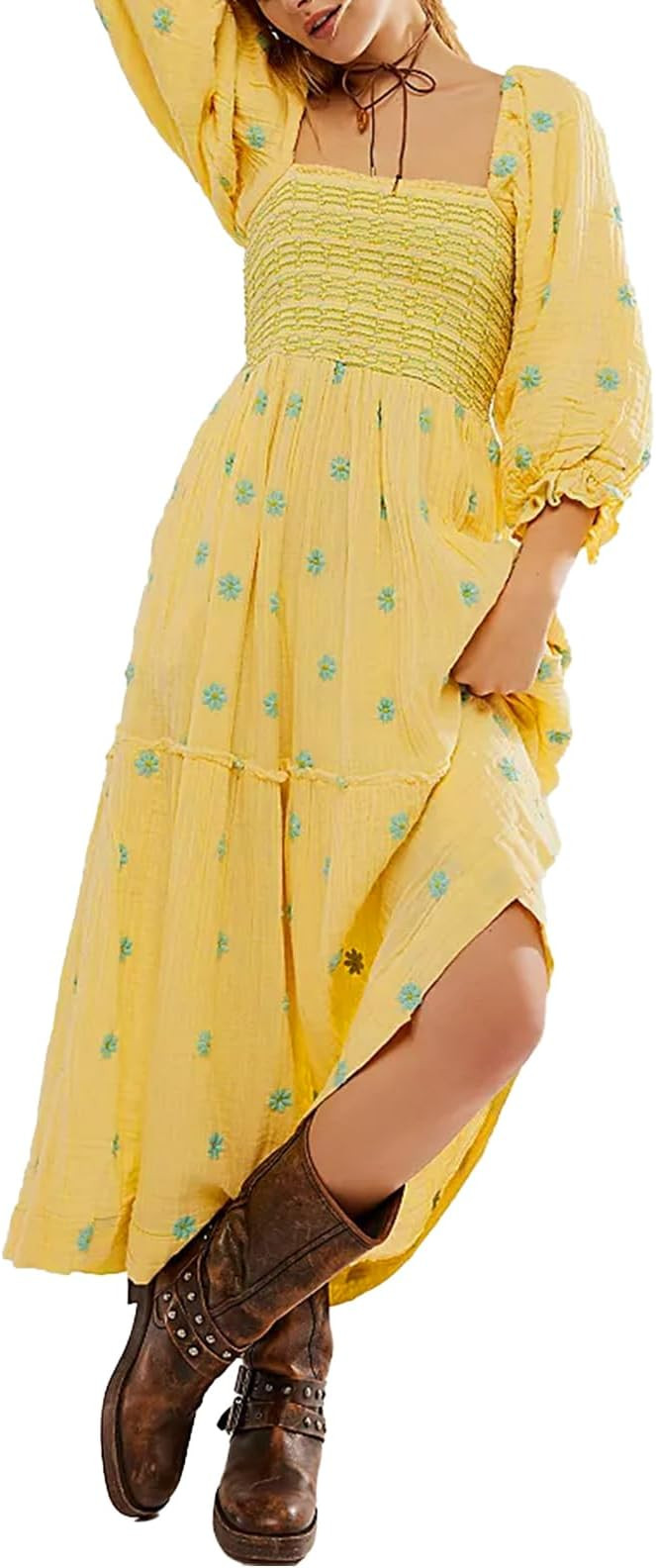 Women Floral Embroidered Maxi Dress Long Puff Sleeve Square Neck Bohemian Flowy Dress with Pocket... | Amazon (US)