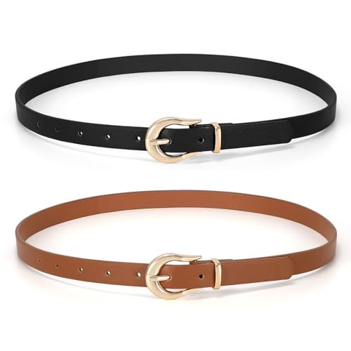 SUOSDEY 2 Pack Women Skinny Belt Thin Waist Belt Black Brown with Fashion Gold Buckle for Pants Jeans Dresses | Amazon (US)