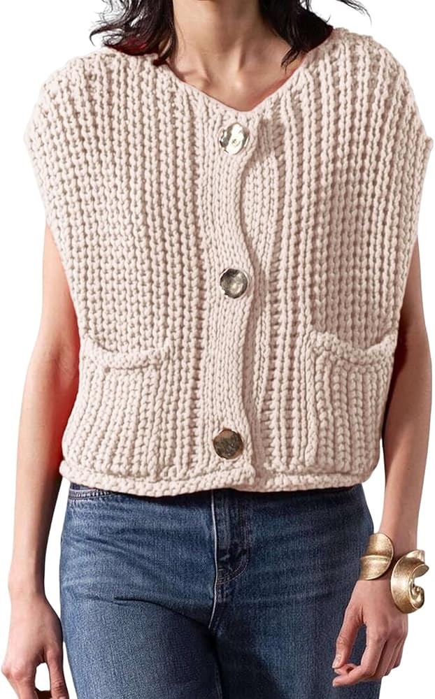 Women's Fashionable Sleeveless Short Knitted Sweater Vest Button Cardigan with Pockets | Amazon (US)