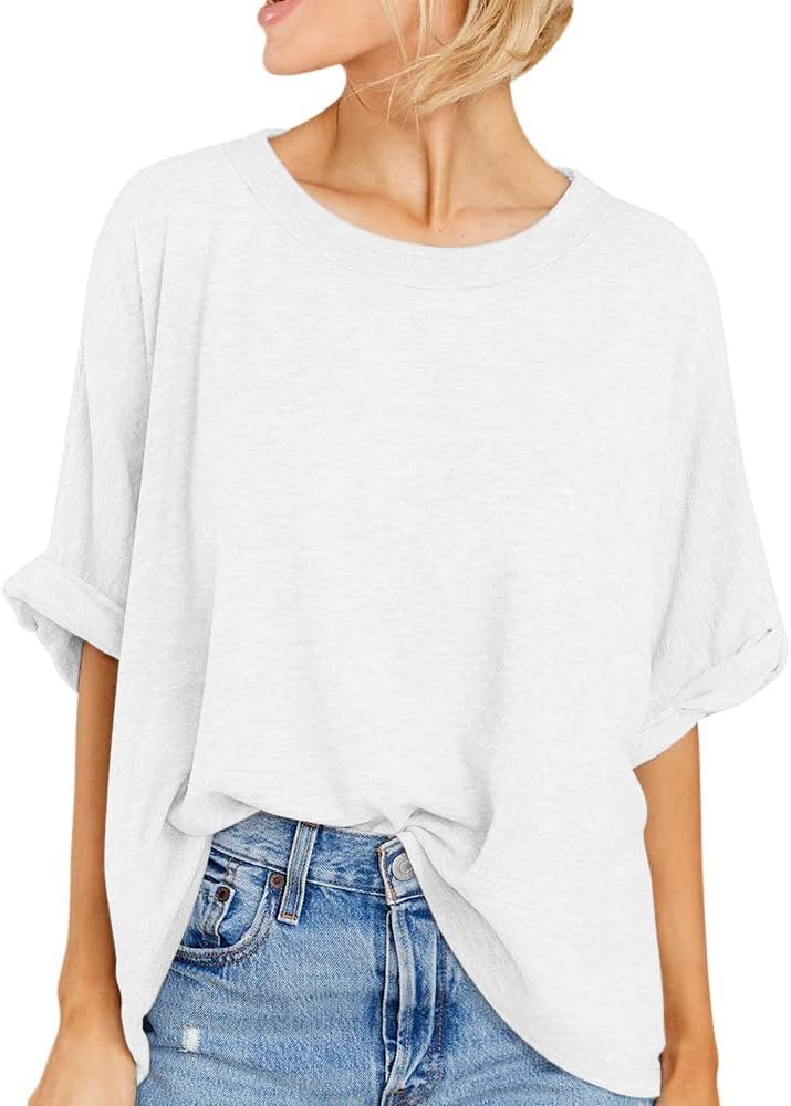 Womens Short Sleeve Oversized Tops Crewneck Summer Basic Casual Loose T-Shirt | Amazon (US)
