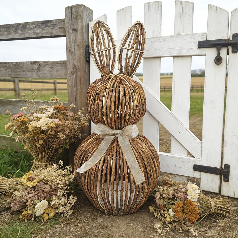 Wicker Easter Bunny Spring Outdoor Porch Decoration Wicker Bunny Topiaries DIY Handcrafted Rattan... | Walmart (US)