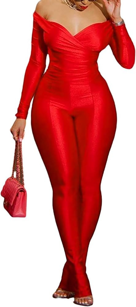 Womens Sexy 2 Piece Outfits Off Shoulder Deep V Neck Tops Slit Hem Flare Pants Sparkly Jumpsuit S... | Amazon (US)