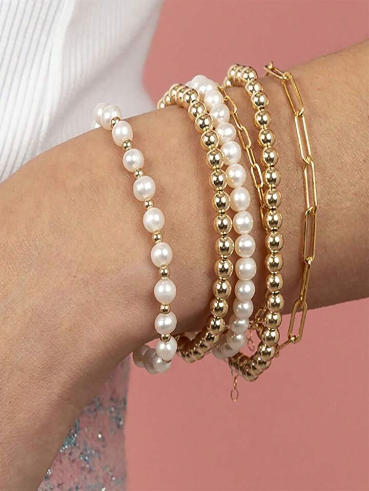 6pcs Set Of Gold Bracelets With Stacked Pearl Bracelets For Women And Girls, Gold-Plated Elastic ... | SHEIN