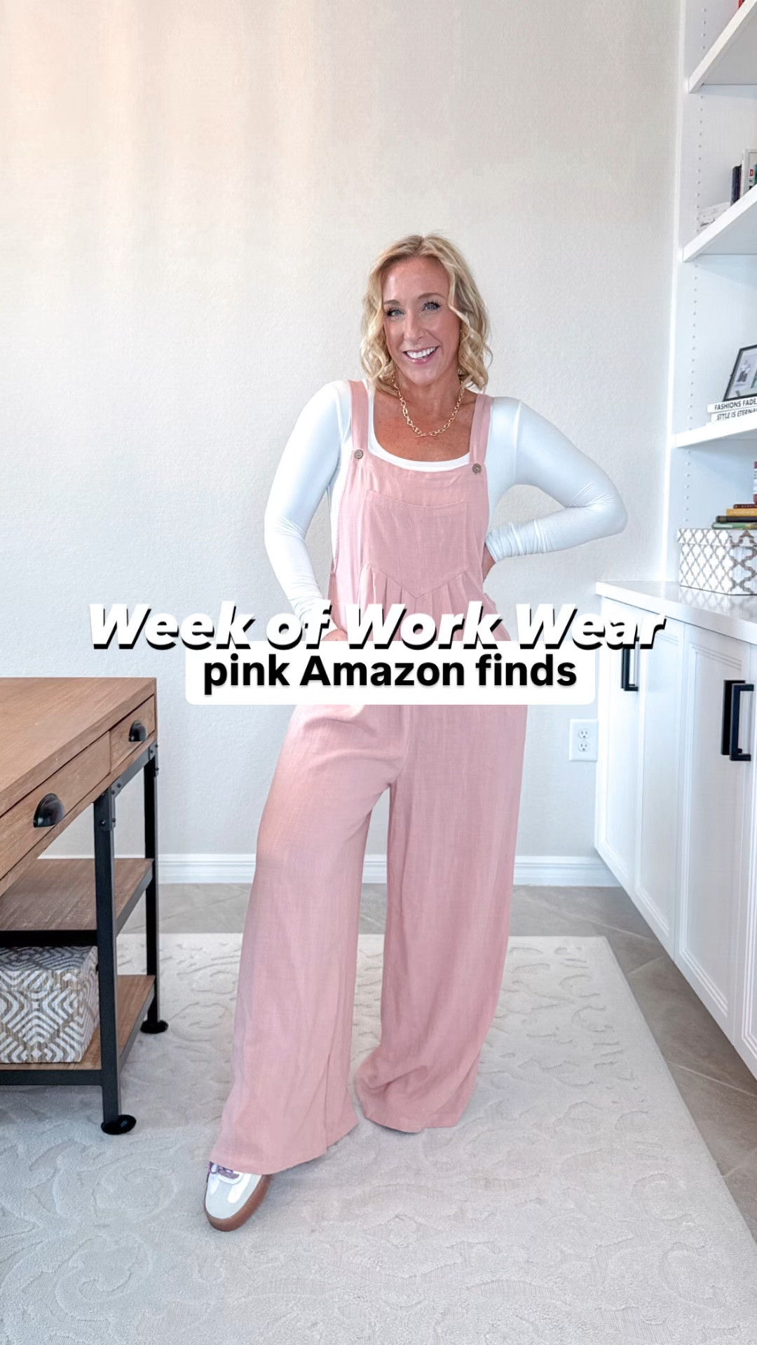 Week of work wear; pink Amazon edition:
1. MONDAY: pink open stitch sweater - size small // navy trousers - size 2. 
2.  TUESDAY: pink dress - size small // jean jacket is old.
3. WEDNESDAY: pink overalls - size small // white long sleeve shirt - size small. 
4. THURSDAY: conversation hearts t-shirt - size medium // pleated skirt - size medium 
5. FRIDAY: pink cardigan - size small // XOXO glitter patch t-shirt - size medium (could’ve done a small) // jeans - size 26. 
• beginning outfit: pink hoodie - size small // leggings - size XS-M  

Comment SHOP below to receive a DM with the link to shop this post on my LTK ⬇ https://liketk.it/52ef9 #ltkseasonal #ltkworkwear #ltkstyletip

#LTKWatchNow #LTKSeasonal #LTKWorkwear