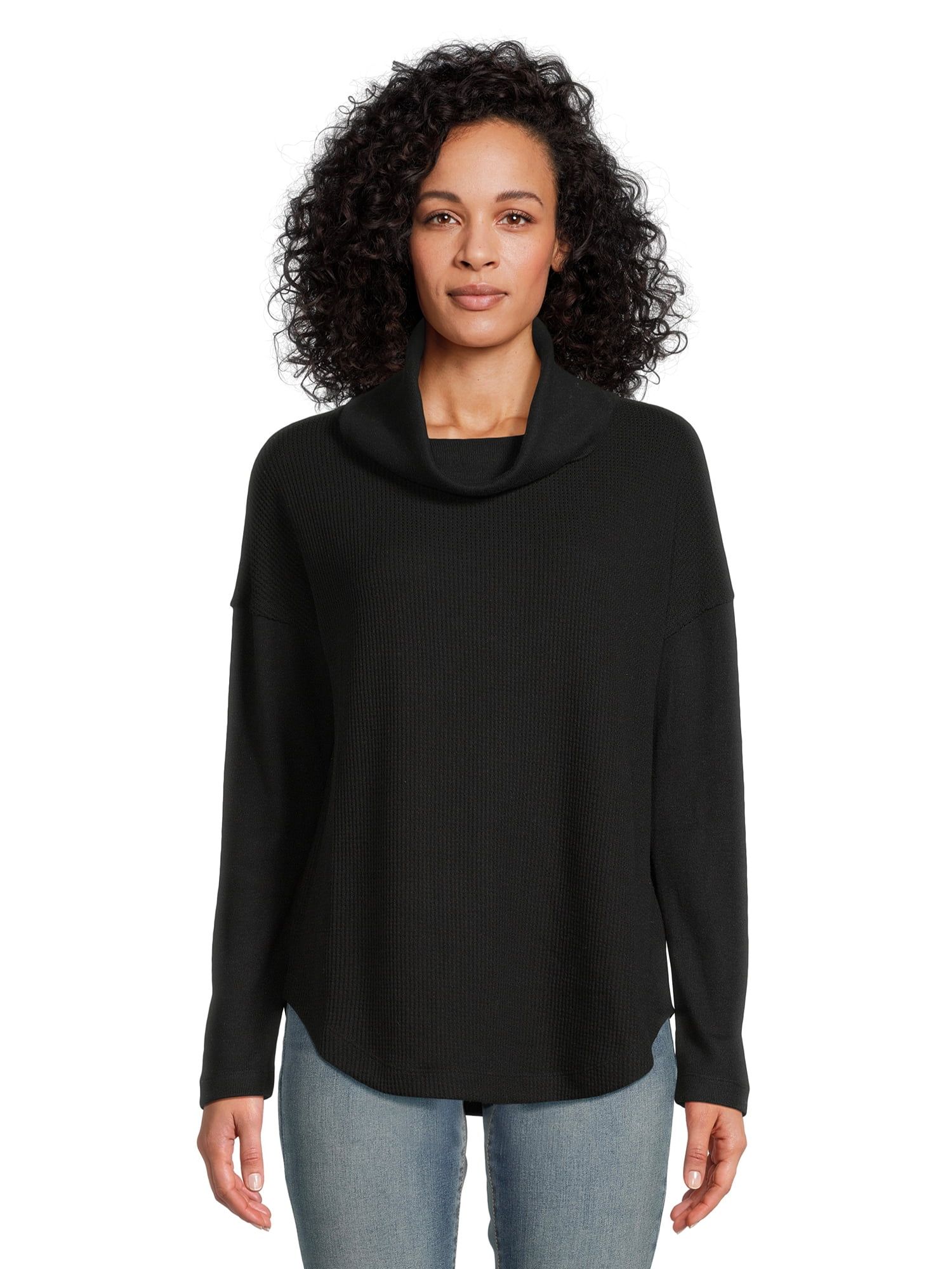 Time and Tru Women's Cowl Waffle Tunic with Long Sleeves, Sizes XS-3XL | Walmart (US)