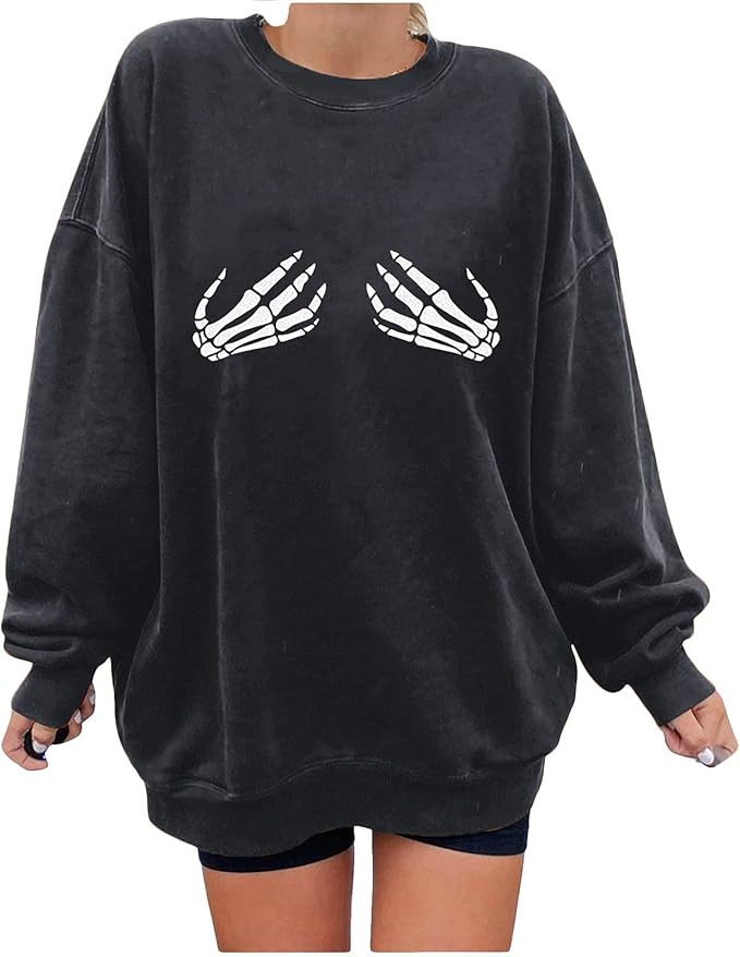 Halloween Crewneck Sweatshirts for Women Skeleton Hands Graphic Tops Long Sleeve Shirts Oversized... | Amazon (US)