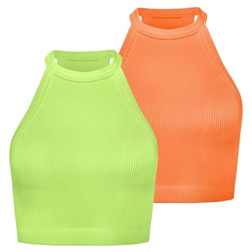 Sunzel Ribbed Tank Tops for Women, Halter High Neck Seamless Cute Crop Top, Basics Sleeveless Workout Athletic Yoga Shirts Crop Neon Green+Bright Orange Small | Amazon (US)