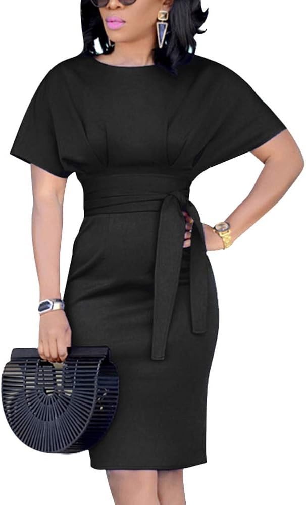 ECHOINE Women's Elegant Pencil Midi Dress Short Sleeve Party Cocktail Dresses with Belt | Amazon (US)